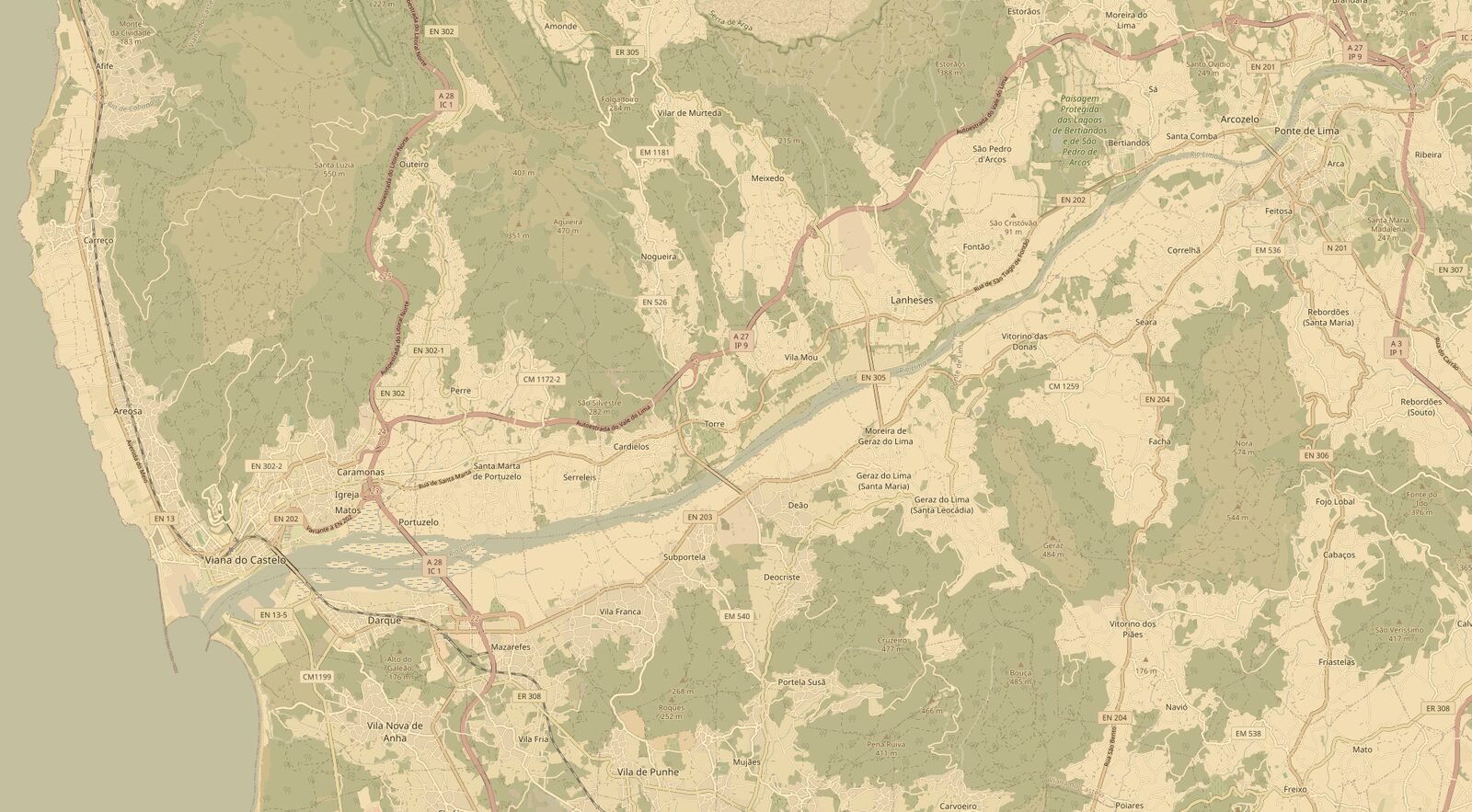 Mapa da região entre Viana do Castelo e Ponte de Lima, com a localização aproximada das cinco casas.